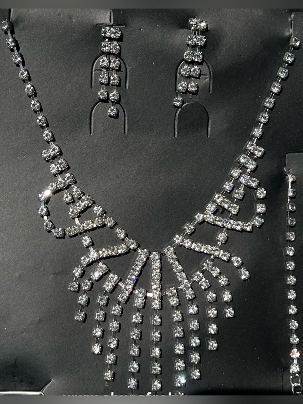 Crystal Fringe Statement Necklace and Earrings Set - Silver